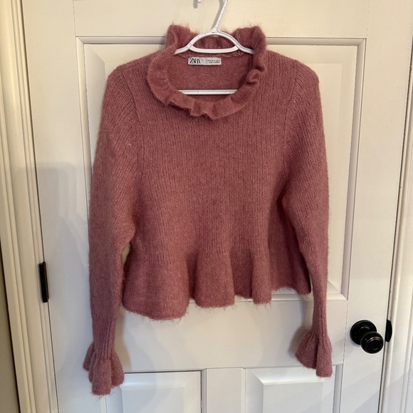 Zara Alpaca + Wool Blend Ruffle Trim Sweater Pink 45132 - Picture 2 of 10